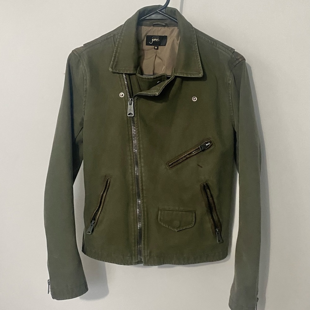 June Anthropologie olive green Moto jacket M leather trim